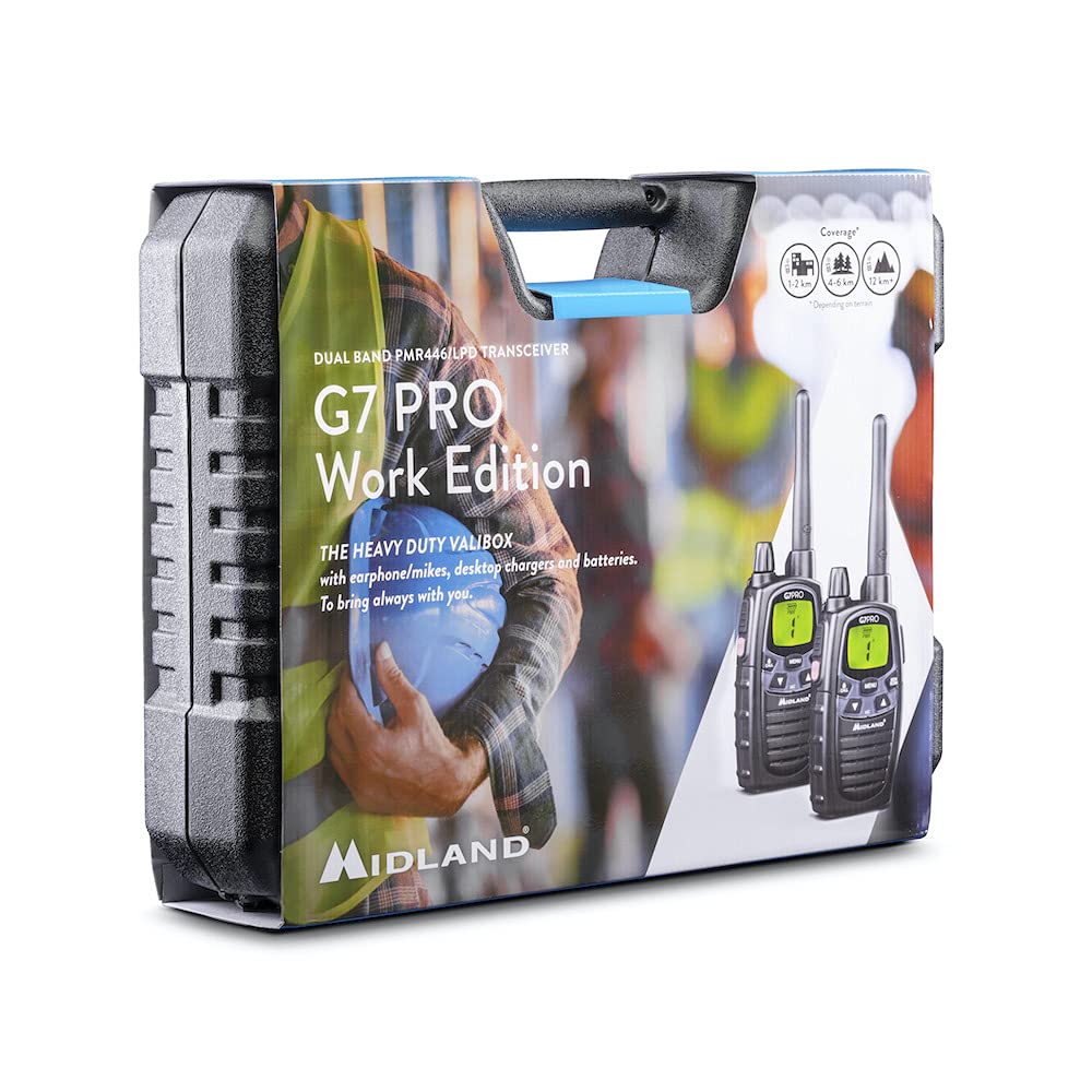 Midland - Set 2 Walkie Talkie G7 PRO Work Edition, Ricetrasmittenti Professionali 85 Canali - 16 PMR446/​69 LPD Senza Licenza, Copertura 10 Km, Autonomia 18 Ore, Batterie Ricaricabili e Accessori