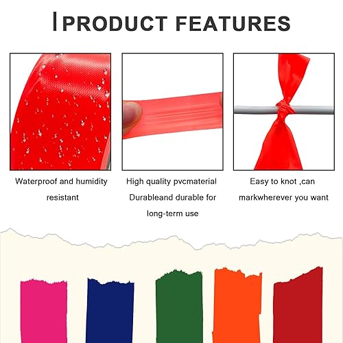 Miniatura 111 de Paquete de 10 cintas de señalización roja, rollo de marcado de neón de cinta de plástico no adhesivo, 1 pulgada x 2000 pies, cinta de marcado