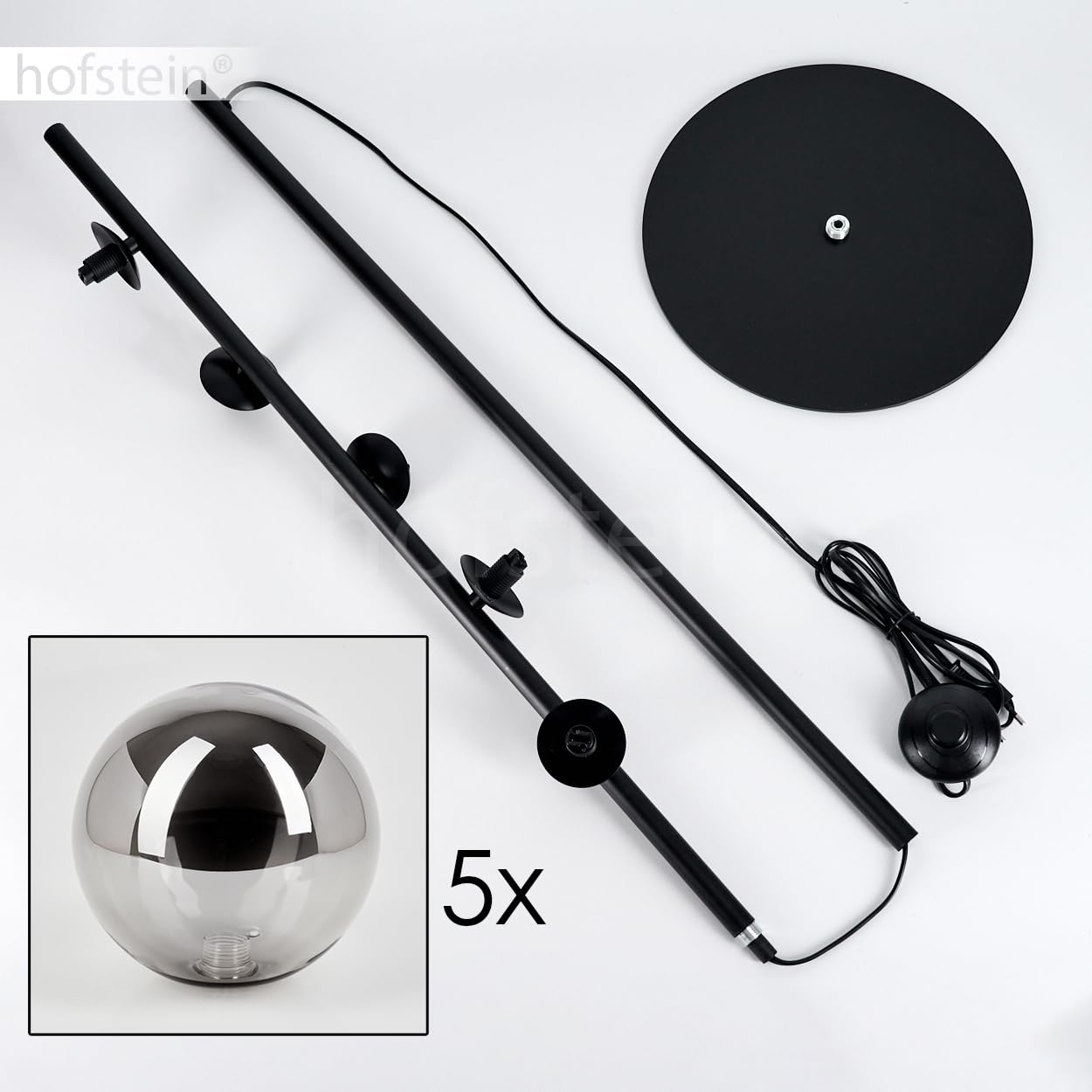 Stehleuchte Remaisnil, Stehlampe aus Metall/Glas in Schwarz/Rauchfarben, Standlampe im Retro/Vintage-Design mit Schirmen aus Glas (Ø 15 cm) u. Fußsschaler, Höhe 160 cm, 5 x G9, ohne Leuchtmittel