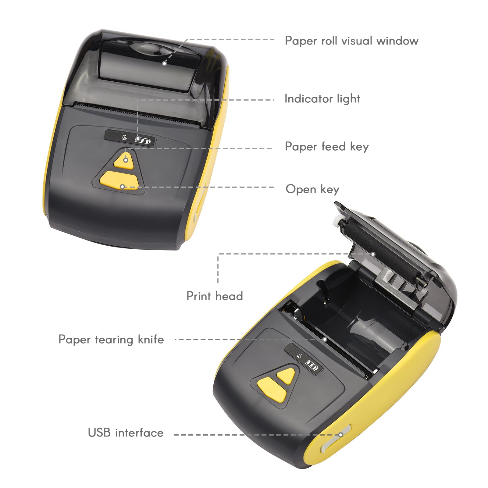 Mini Impresora térmica portátil de 2 Pulgadas, inalámbrica, USB, para Recibos, facturas, Tickets, con 2 Rollos de Papel de 57 mm, Compatible con iOS, Android y Windows para restaur