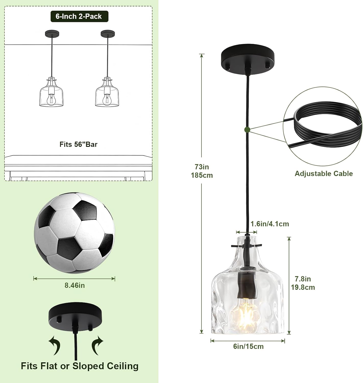 2 Pack Black Hammered Clear Glass Pendant Light, Height Adjustable Modern Farmhouse Hanging Light Fixture, E26 Base Kitchen Island Pendant Lights for Dining Room, Bedroom, Hallway, Sink, image 5