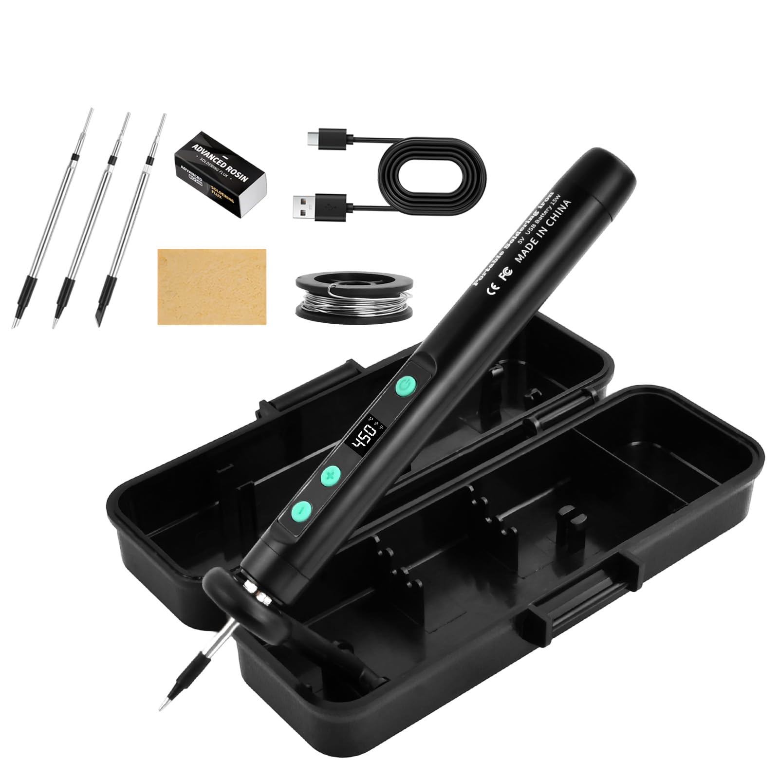 Saldatore a Stagno Portatile Senza Fili, Set di Saldatore a Batteria Ricaricabile USB-C con LCD, 3 Punte, Temperatura Regolabile 180℃-450℃, per riparazioni, Saldatura, Progetti fai da te