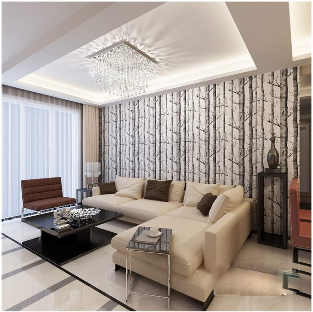 Q QIHANG 10M Modern Minimalist Tree Pattern Non-Woven Wallpaper Roll Black & White Color 0.53m*10m=5.3SQM