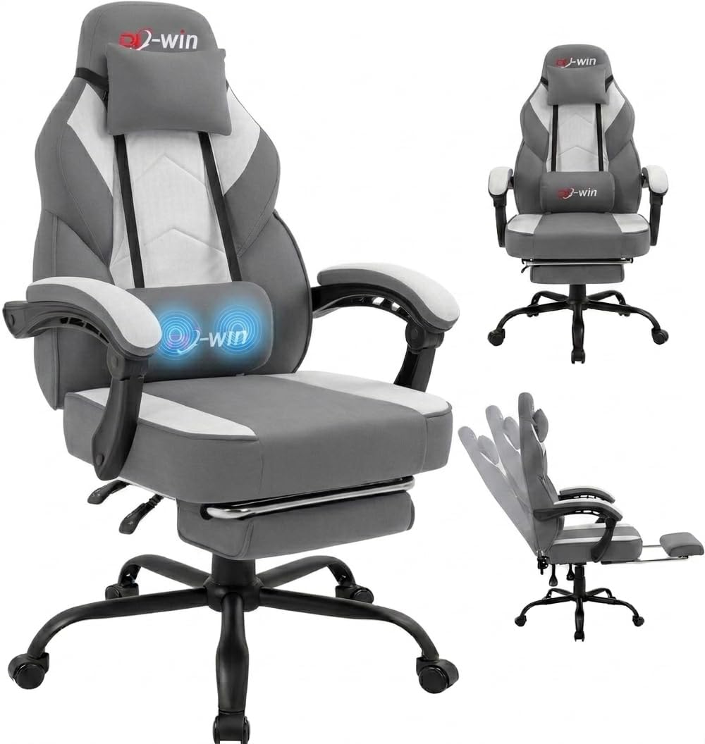Big and Tall Gaming Chair Fabric Pocket Spring Cushion,High Back Recliner with Footrest and Headrest for Adults, Massage Lumbar Support for Home Office, Ergonomic Computer Desk Chair, Gray