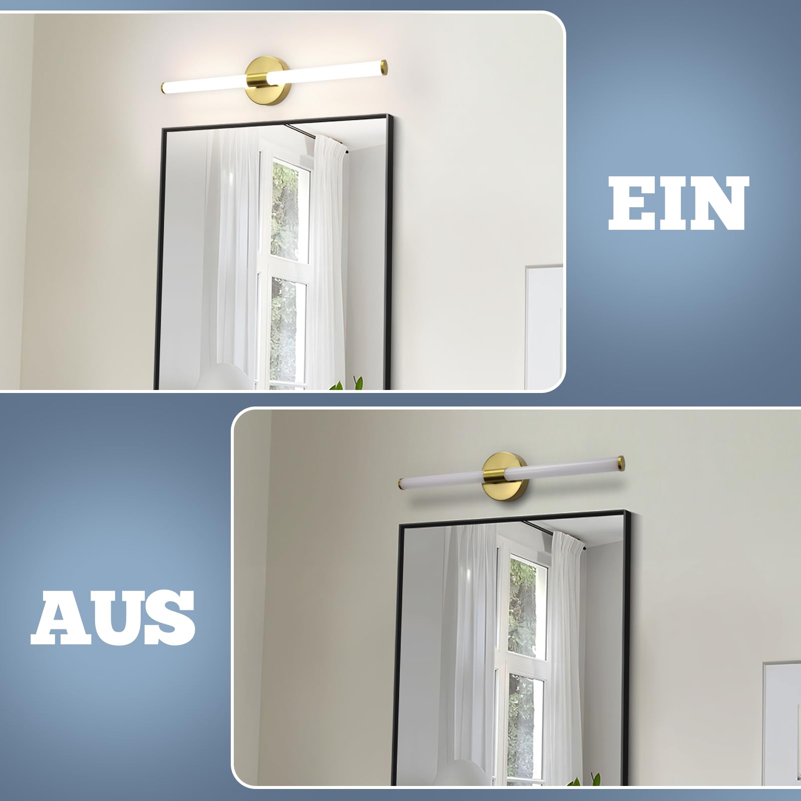 LED Spiegelleuchte Bad Wandlampe - 8W Gold Badlampe 60CM | Wand Badezimmer Lampe Wandleuchte 4000K Neutralweiß Spiegellampe Modern IP44 Badlampe für Badschrank Keller Küche Flur