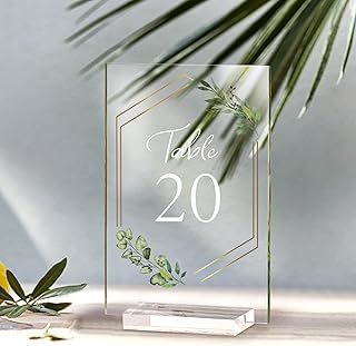 OurWarm Acrylic Wedding Table Number with Stands, 4x6 inch 1-20 Printed Clear Acrylic Sign Place Cards with Gold Trim Green Floral Theme for Wedding Reception Bridal Shower Wedding Table Decorations