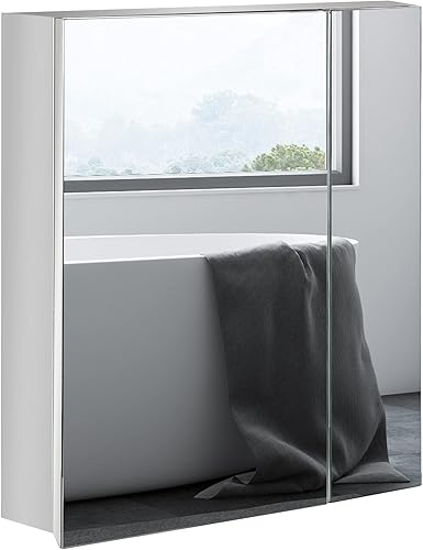 kleankin Botiquín montado en la pared con espejo, armario de espejo de baño montado en la pared con puerta con bisagras, estantes de almacenamiento