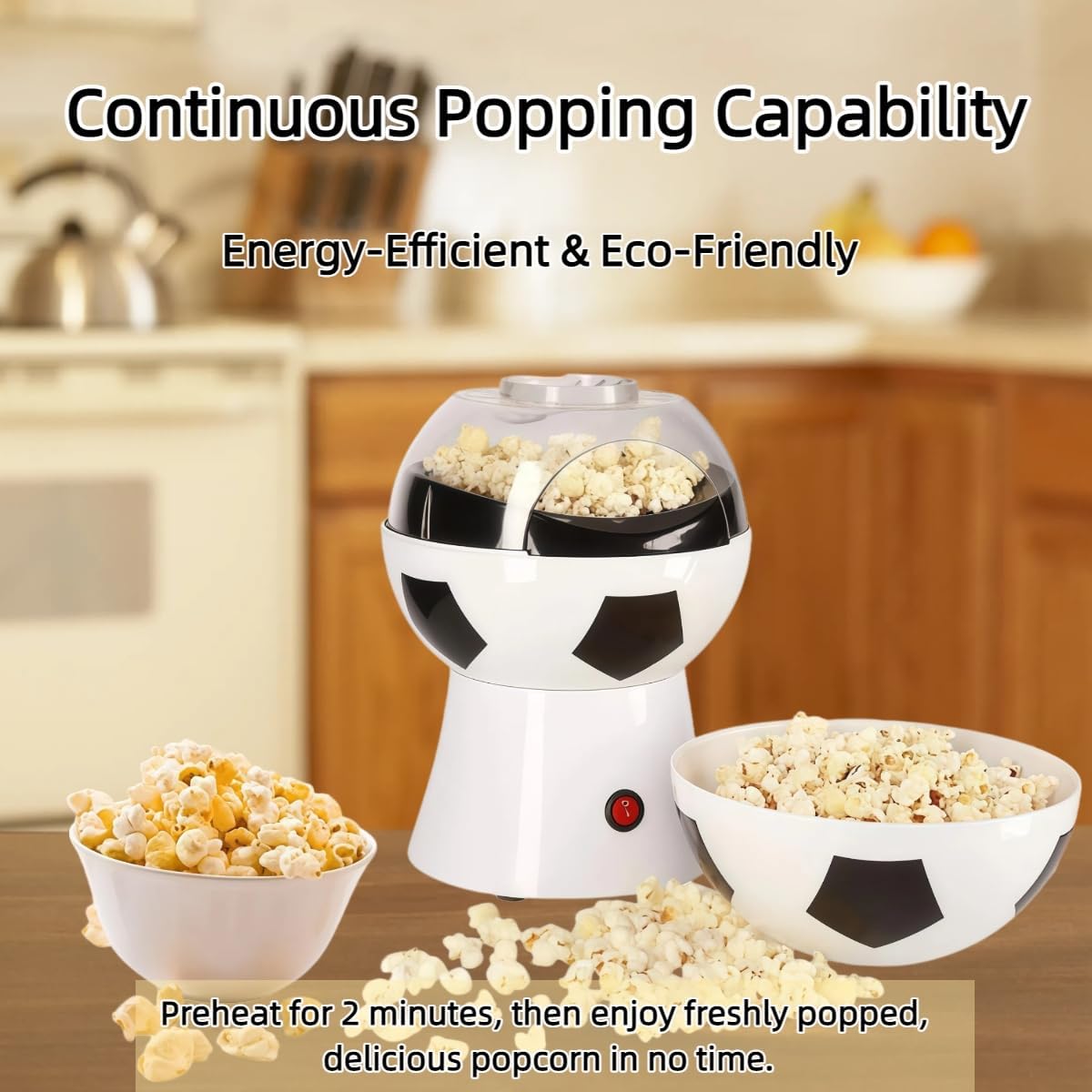 Soccer-Shaped Air Popper Popcorn Maker, BPA-Free Food-Grade Popcorn Machine with Measuring Cup & Butter Melter, Pops in 3 Minutes, Easy-Clean Transparent Lid for Home, Game Night & Party Use