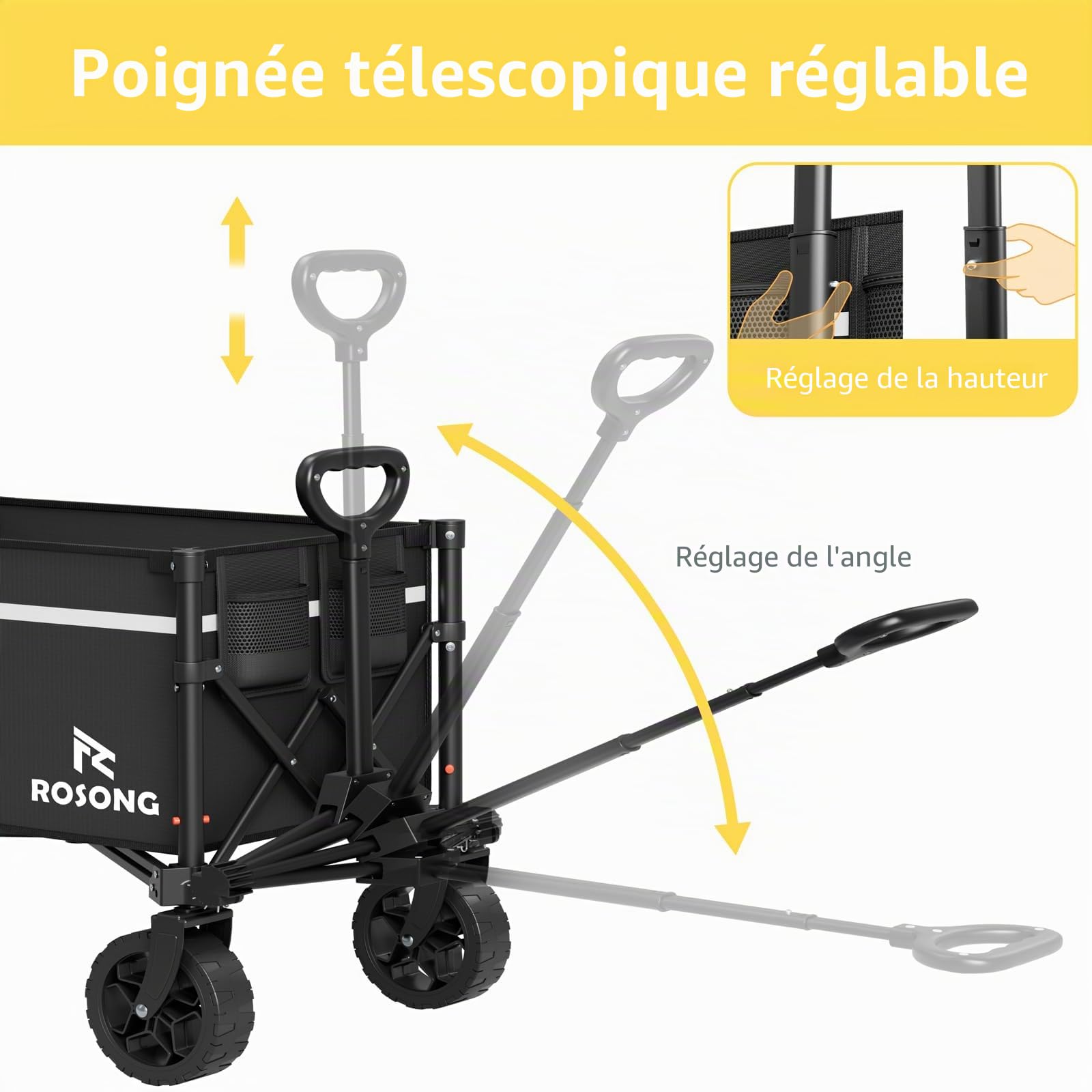 ROSONG Chariot pliable avec roues – Chariot utilitaire et robuste pour épicerie, sport, jardin, shopping, camping – Brouettes (noir, 90 l)