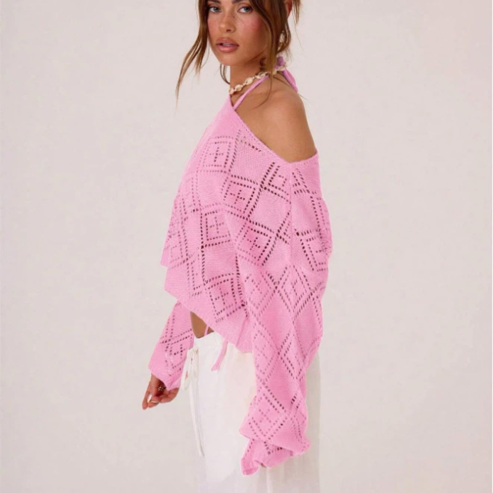 Top Crop tricoté décolleté, Pull Manches Longues ajouré