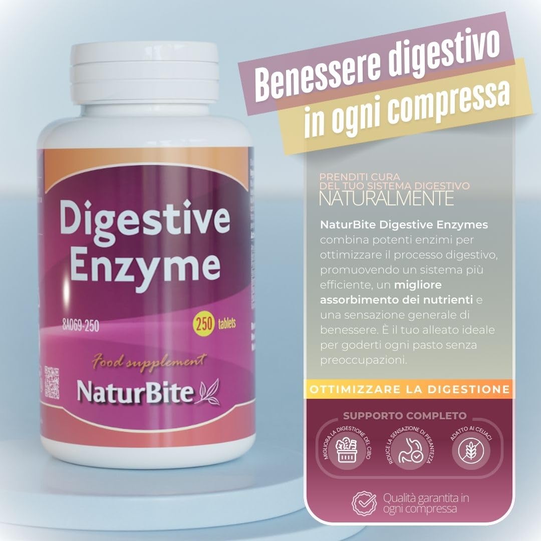 Naturbite Enzimi Digestivi, 250 compresse, Naturbite. Migliora il Processo Digestivo facilitando la scomposizione e l'assorbimento dei nutrienti dagli alimenti.
