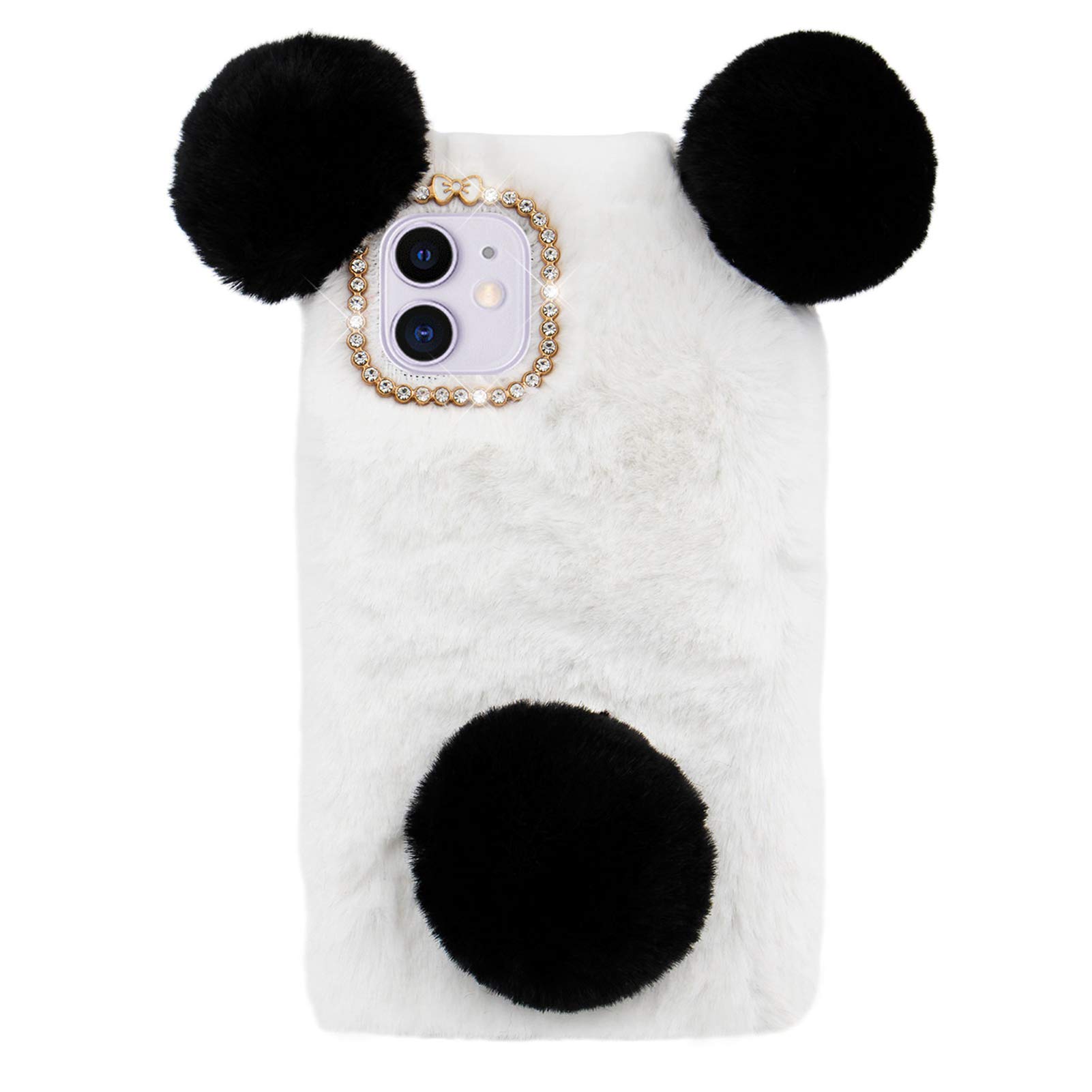 LCHDA Plush Case for Samsung Galaxy S21 FE 5G, Cute 3D Panda Ears Furry Hairball Fuzzy Soft Faux Fur Warm Fluffy Flexible TPU Bumper Shockproof Protective Cover with Bling Diamond - Black & White