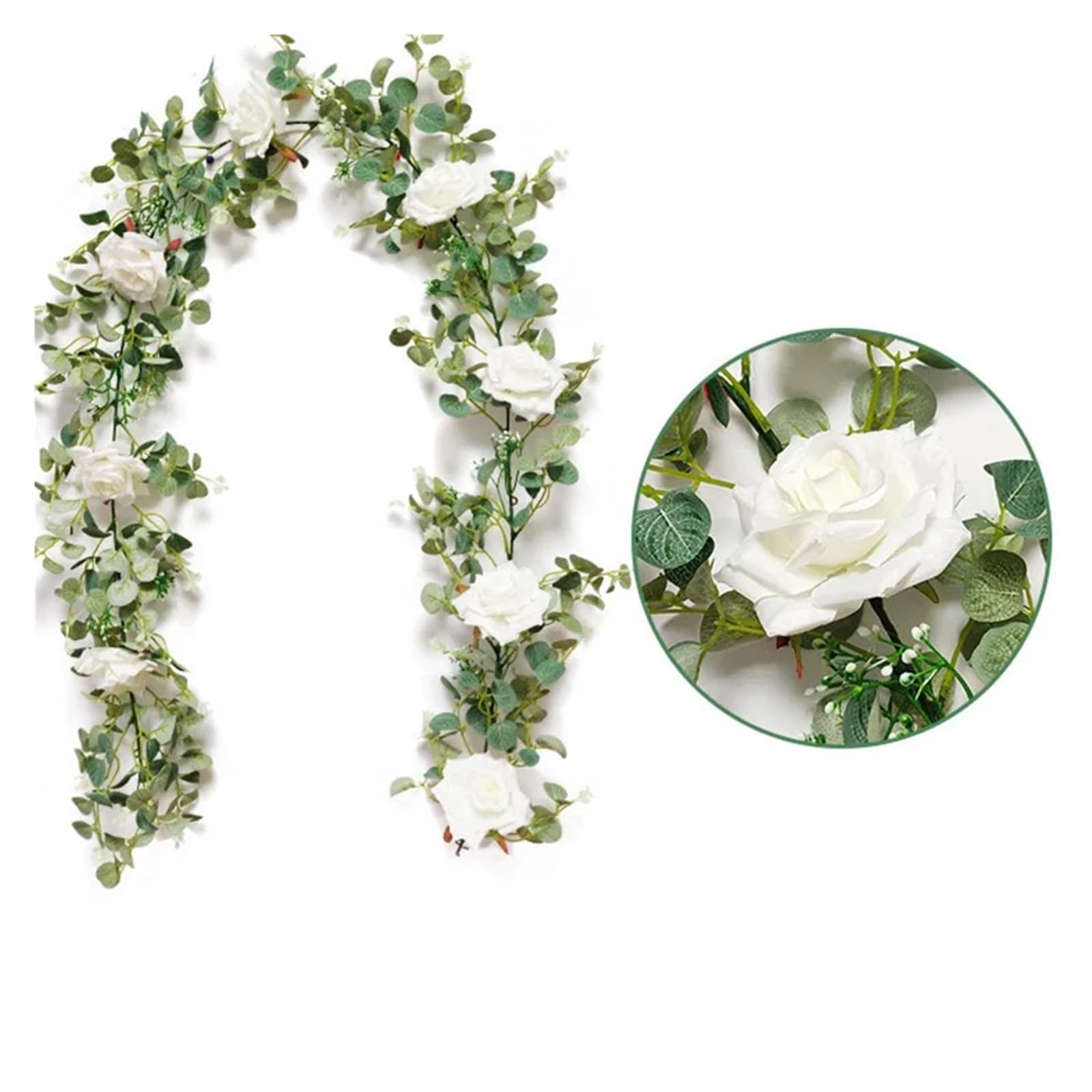 Künstliche Eukalyptus-Girlande mit weißen Rosen, Pfingstrosen, Eukalyptussträngen for Hochzeit, Geburtstag, Party, Haus, Garten, Dekoration(1pc White Rose)