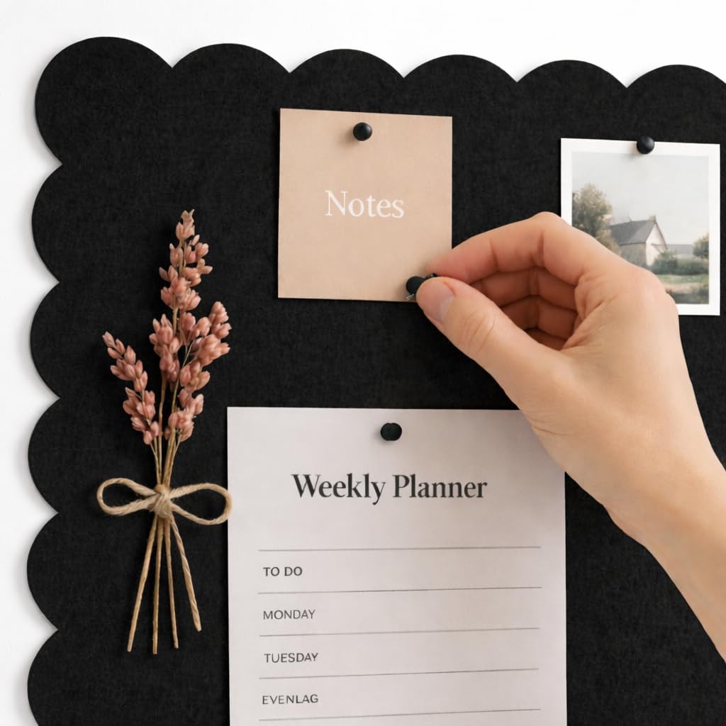 Orelle Scalloped Felt Bulletin Board | 23 X 15” | Foldable Peel and Stick Felt Board for Wall | Alternative Cork Board for Office, Message Board, Kids Art Display | Black