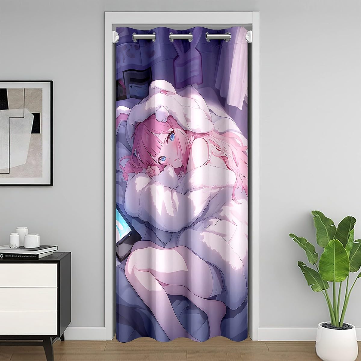 Loussiesd Cute Girl 30%-50% Room Darkening Blackout Curtain Boys Girls 106x203cm 1 Panel Cartoon Japanese Girl Style Door Curtain for Doorway Privacy Kids Kawaii Doors with Windows Cute Rabbit — image 1