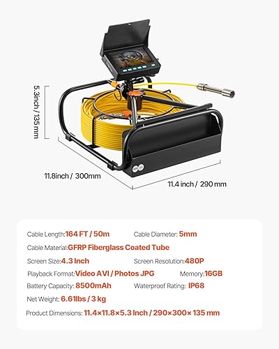 Miniatura 7 de VEVOR Cámara de Alcantarillado, Cámara de Inspección de Tuberías de Drenaje de 164 pies50M de 4.3" con Función DVR y Cable de Serpiente, Boroscopio