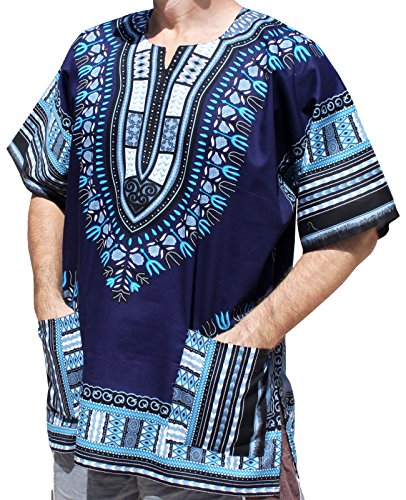 RaanPahMuang Dashiki Shirt African Freedom Short Sleeve Vibrant Colors- Midnight Blue sz 7XL