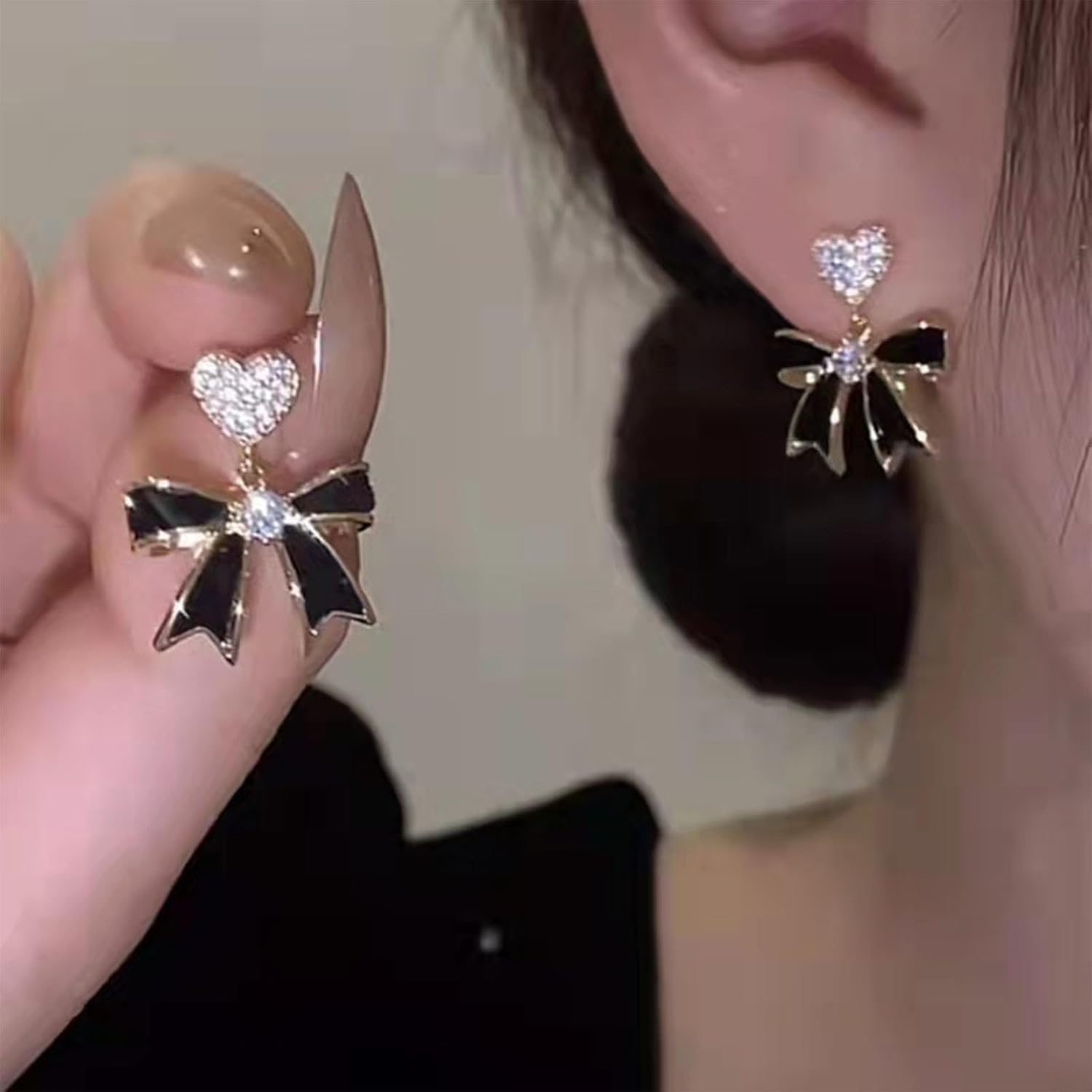 Vintage Crystal Heart Stud Earrings Black Oil Drop Bow Earrings Rhinestone Bow Dangle Earrings Gold Cz Heart Earrings Jewelry for Women - Image 2