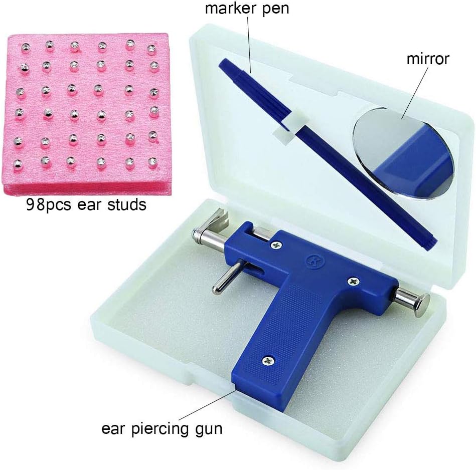 Healthcom Ear Piercing Gun Kit Professional Ear Piercing Gun Tool Set 98Pcs Ear Studs Ear Nose Navel Body Piercing Gun Safety Pierce Machine Beauty Kit Stainless Steel Metal Pierce Tool(Deep Blue)