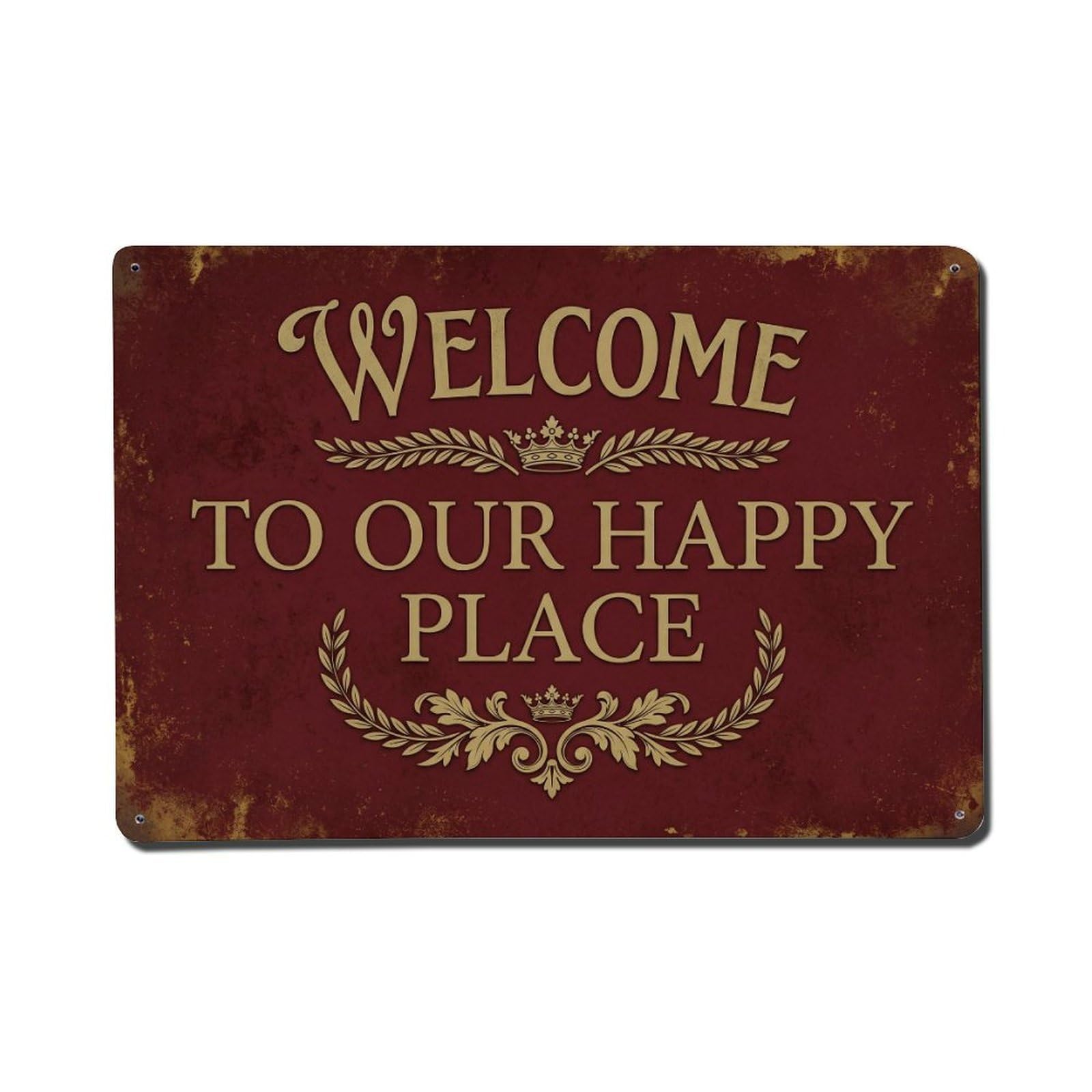 Welcome To Our Happy Place Countryside Manor Vintage Metal Tin Sign Plaque Wall Decor for Cafe, Club, Garden Metal Poster 8x12Inch
