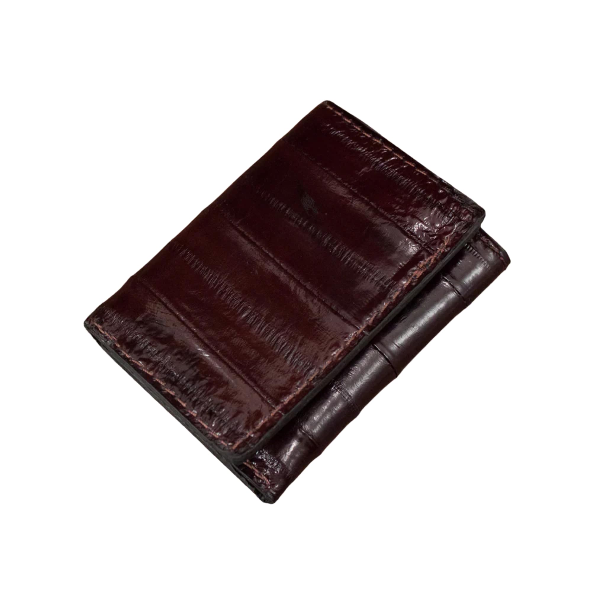 Genuine Pacific Eel Skin Trifold Brown Leather Wallet for Men, Nine Card Slots, Black Leather Interior