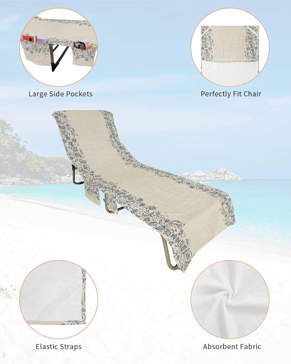 Rustic Floral Leaves Beach Pool Patio Lounge Chaise Chair Cover Towel With Pockets,Absorbent & Quick Dry Microfiber Towel Cover Bag Summer Accessories Country Natural Plant Wildflowers Burlap