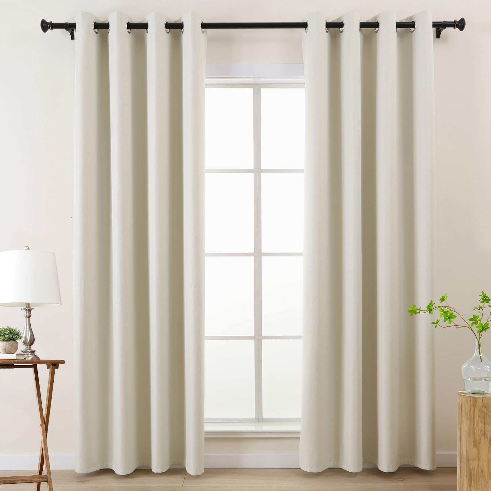 L.Z.E Ivory Blackout Curtains for Bedroom Greyish White 100% Black Out Curtains for Kitchen Bay Window Short Linen Look Eyelet Drapes for Dining Room 57 Inch Drop 145 cm Length Thermal