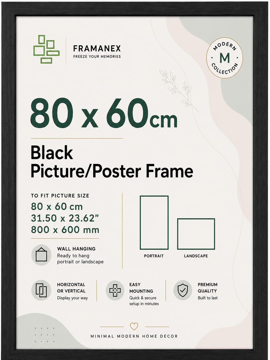 FX 60x80cm Picture Frame Engineered Wood and Plexiglass, Canvas Photo Frame 800×600mm Dual Orientation Landscape or Portrait, 80cm X 60cm Frame Wall Hanging Display Photos (Black)