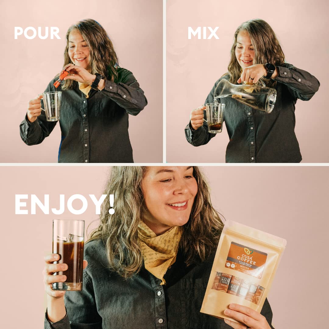 Cusa Tea & Coffee, Mocha Cold Brew. Premium Instant Coffee, Rainforest Alliance Certified Arabica Beans. Drink Mix Packets Ready in Seconds, Makes Hot or Iced Coffee (30 Servings)