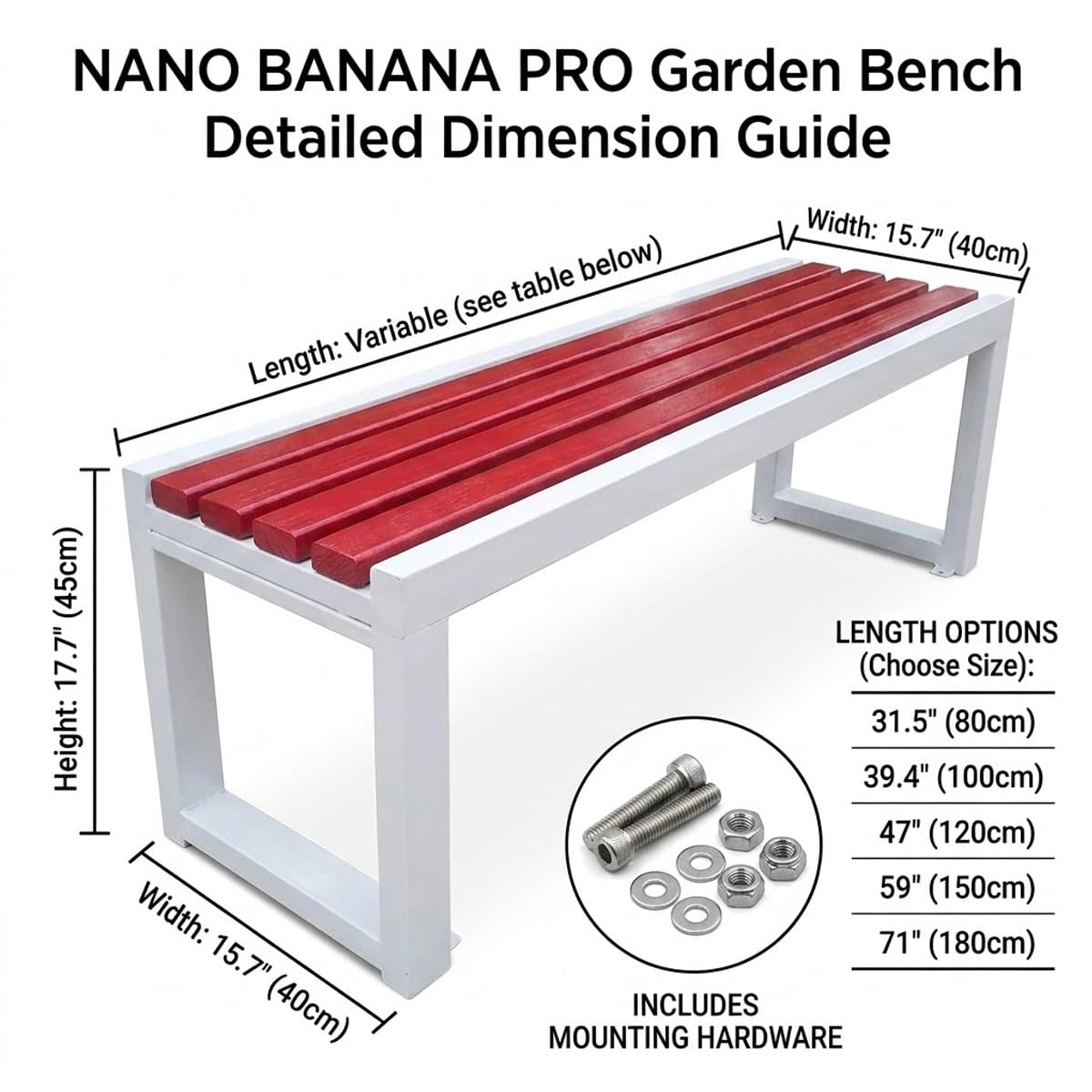 Banco de jardín resistente a la intemperie de 80 a 180 cm, marco de metal, asiento de listones para patio, porche, césped, balcón, muebles elegantes en rojo y blanco