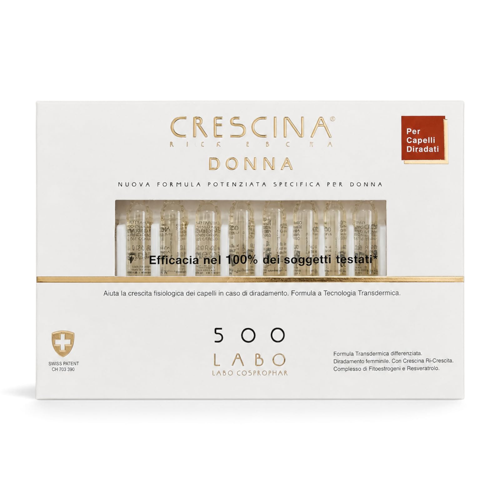 Crescina Ri-Crescita Nuova Formula Potenziata Specifica per Donna 500 Trattamento per Capelli Diradati 40 Fiale