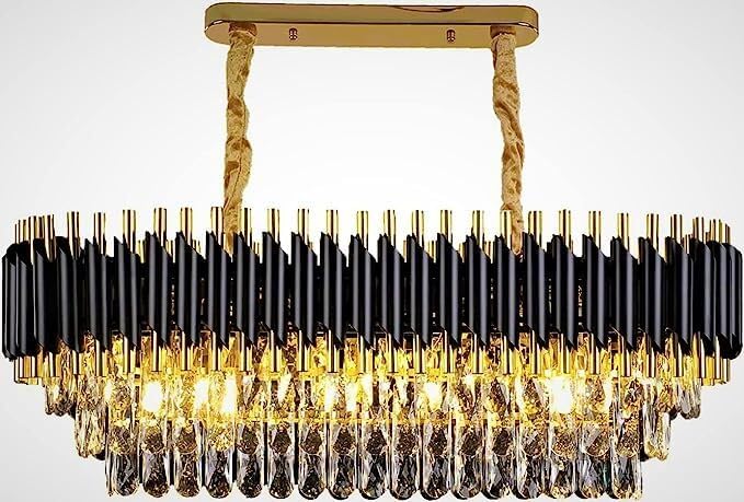 Image of Modern Crystal Chandelier 600X300mm Black and Gold Round Pendant Ceiling Light Fixture Flush Mount for Dining Room Living Room Bedroom Foyer Hallway Entryway