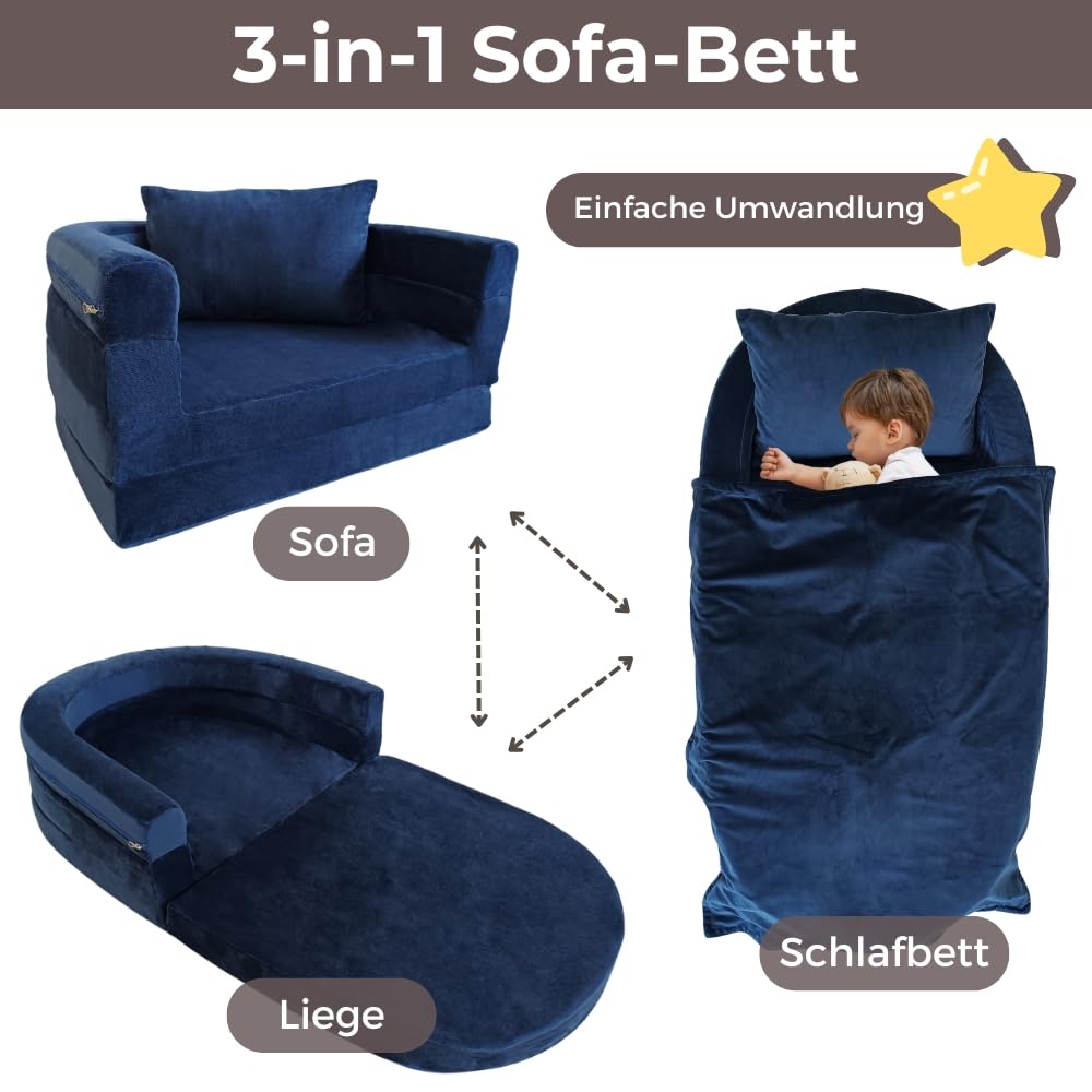 Wonder Space Vor-montiertes Kinder Schaumsofa mit Decke & Kissen, Kleinkind 3-in-1 Konvertierbares Sofa, Innen Zusammenklappbarer Lounger Stuhl & Klappbares Bodenbett für Jungen & Mädchen (Marine)
