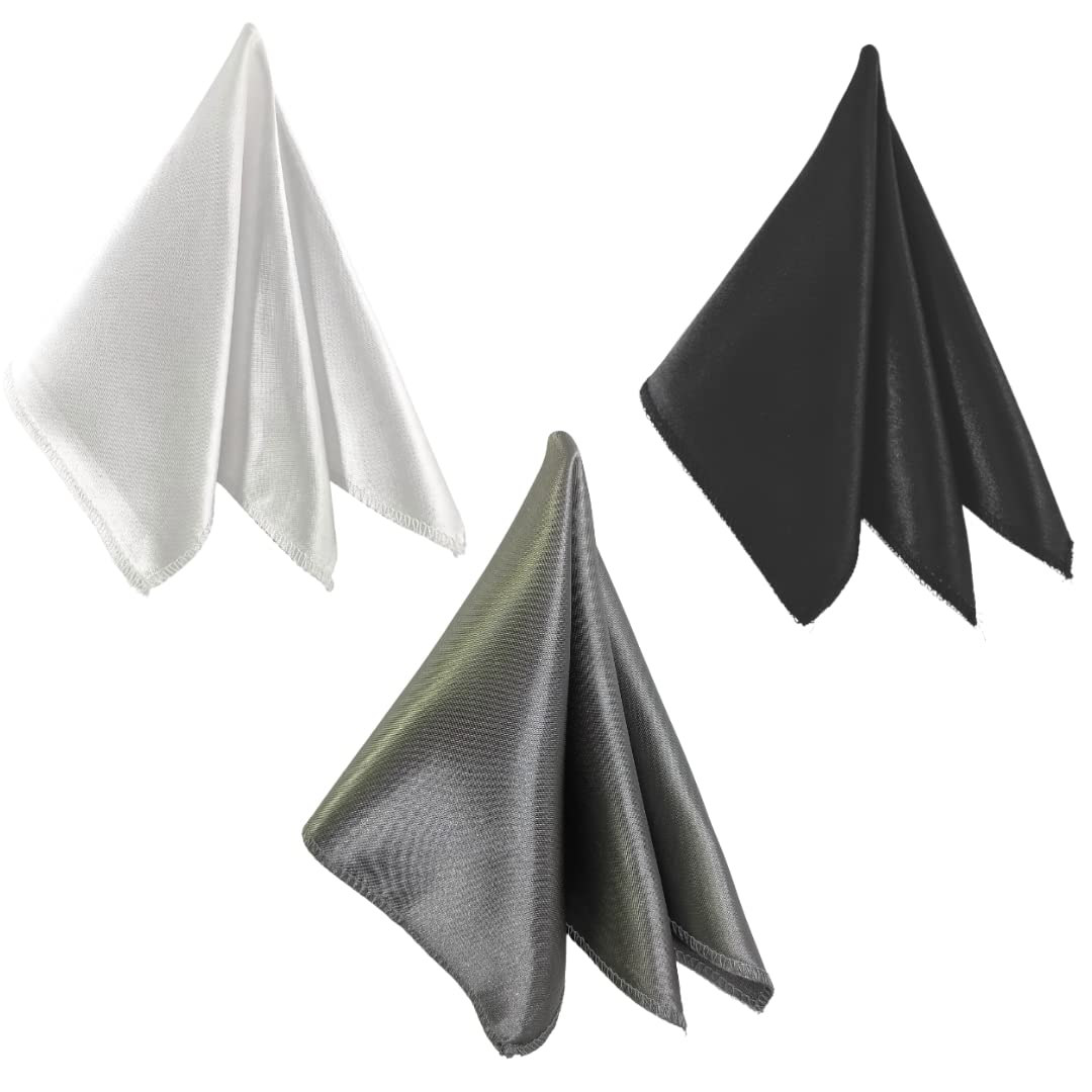 Satin Pocket Square for Men, Wedding Handkerchief for Suits, Blazers & Tuxedo, Men's Pocket Square Combo (Pack of 3) (Black,White & Grey)-image-26