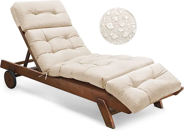 Tycdiose Outdoor Chaise Lounge Chair Cushion Waterproof 74.4 x 22 x 4.7 Inches Memory Foam Lounge Chair Cushions Replacement for Outdoor Furniture with Ties, Thickened Pool Lounge Chair Cushion, Beige