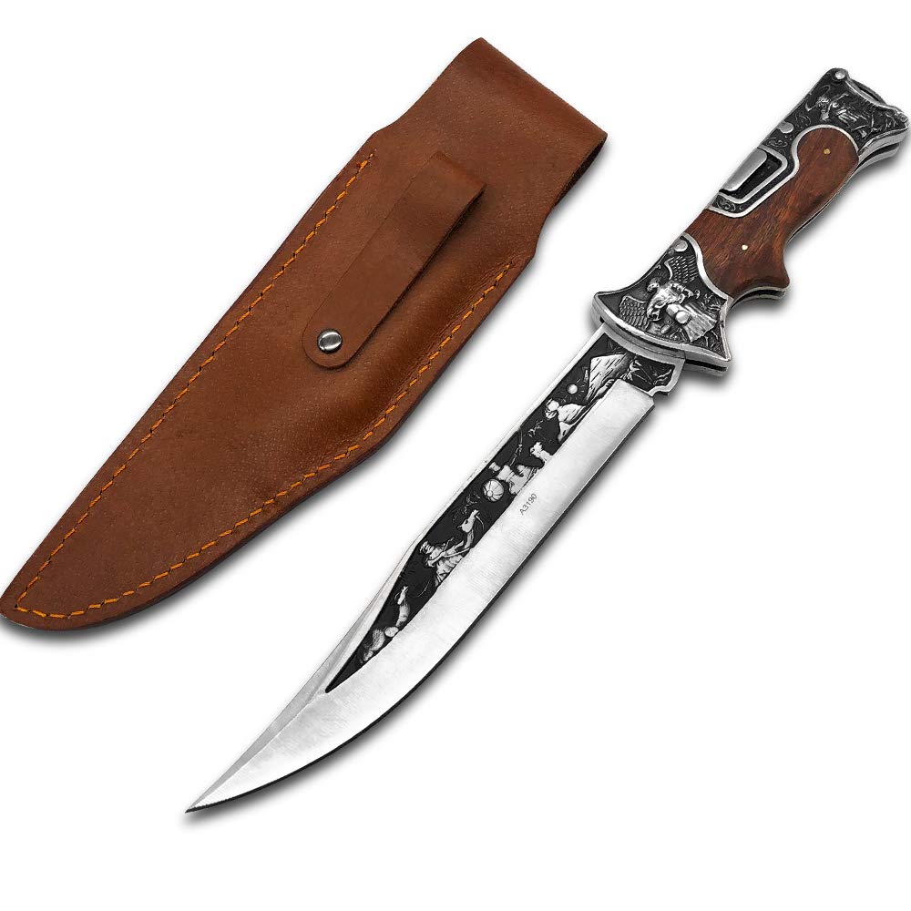 FU-GLBY Oversize Folding Knife with Leather Sheath Retro Emboss Wood Handle Outside Blade Tactical Hunting Bayonet MilitaryKnives