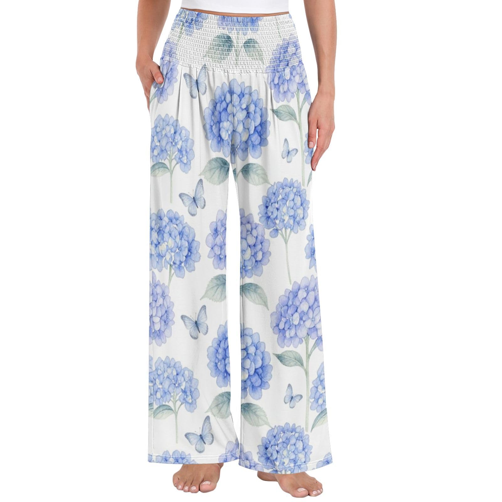 Hydrangea Blue - Pantalones de pierna ancha para mujer, resistentes a las arrugas, pantalones casuales de viaje