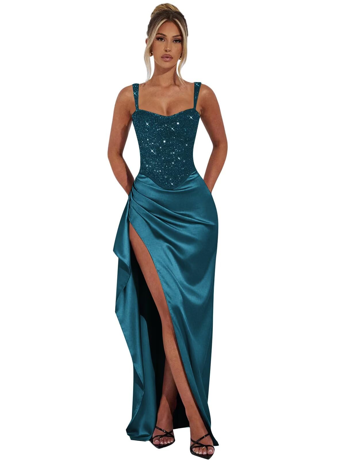 Womens Sequin Prom Dresses Satin Ruffle Ball Gown with Slit Spaghetti Straps Long Corset Formal Party Dress