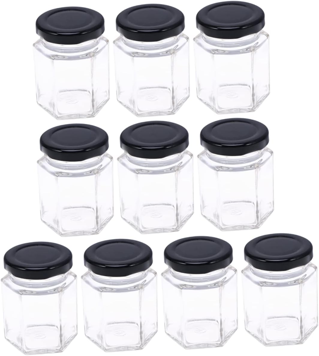 10pcs Hexagon Transparent Glass Honey Storage Bottles Empty Jars for Home Kitchen Organization Canisters for Sugar Nuts Beans and Dry Foods