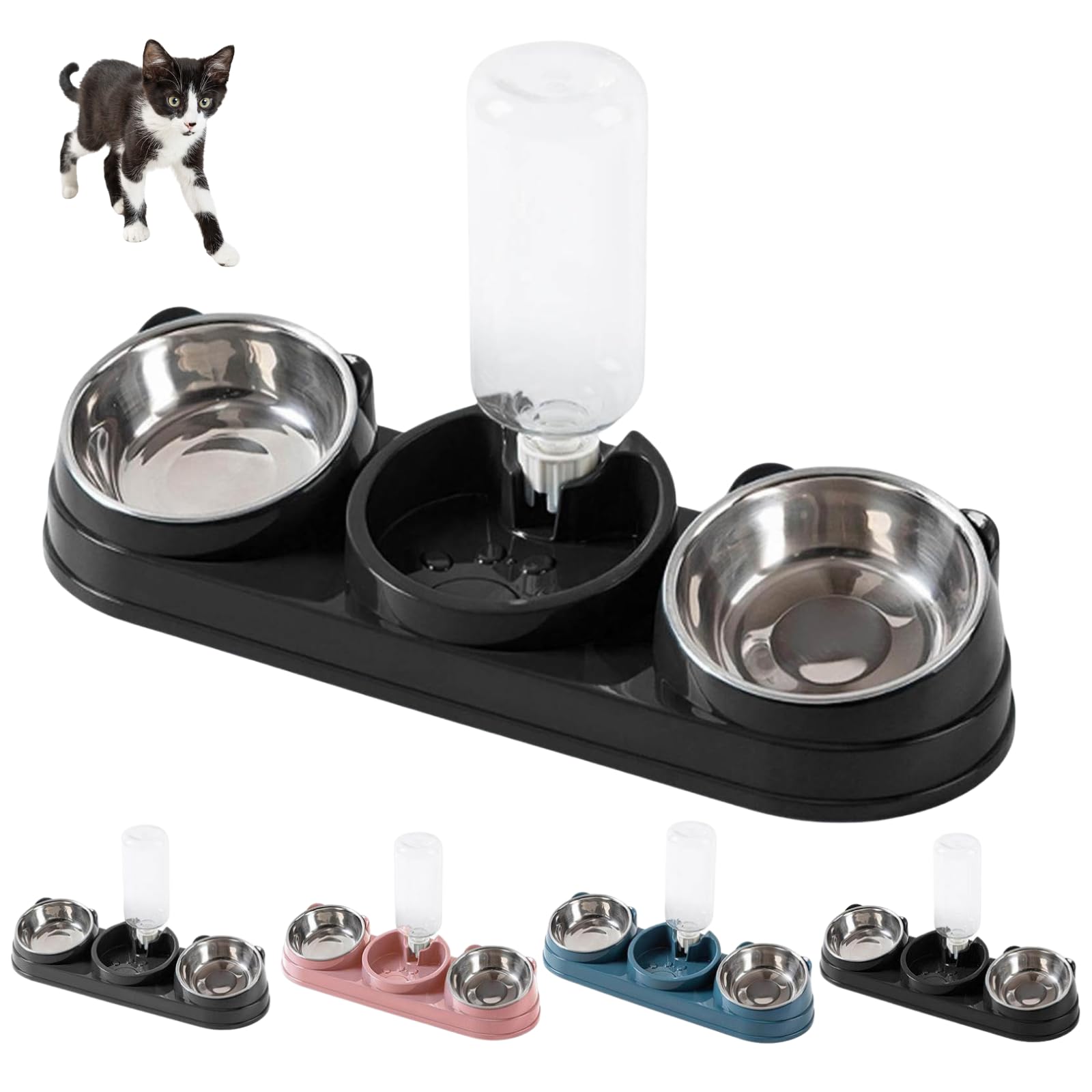 Triple Cat Bowls, 3 in 1 Pet Feeder Cats Dish, Pet Food Water Bowl with Automatic Water Bottle, Raised Cat Dish Food Water Bowls Set for Indoor Daily Use Rabbit Kitten Bunny Puppy (Black)