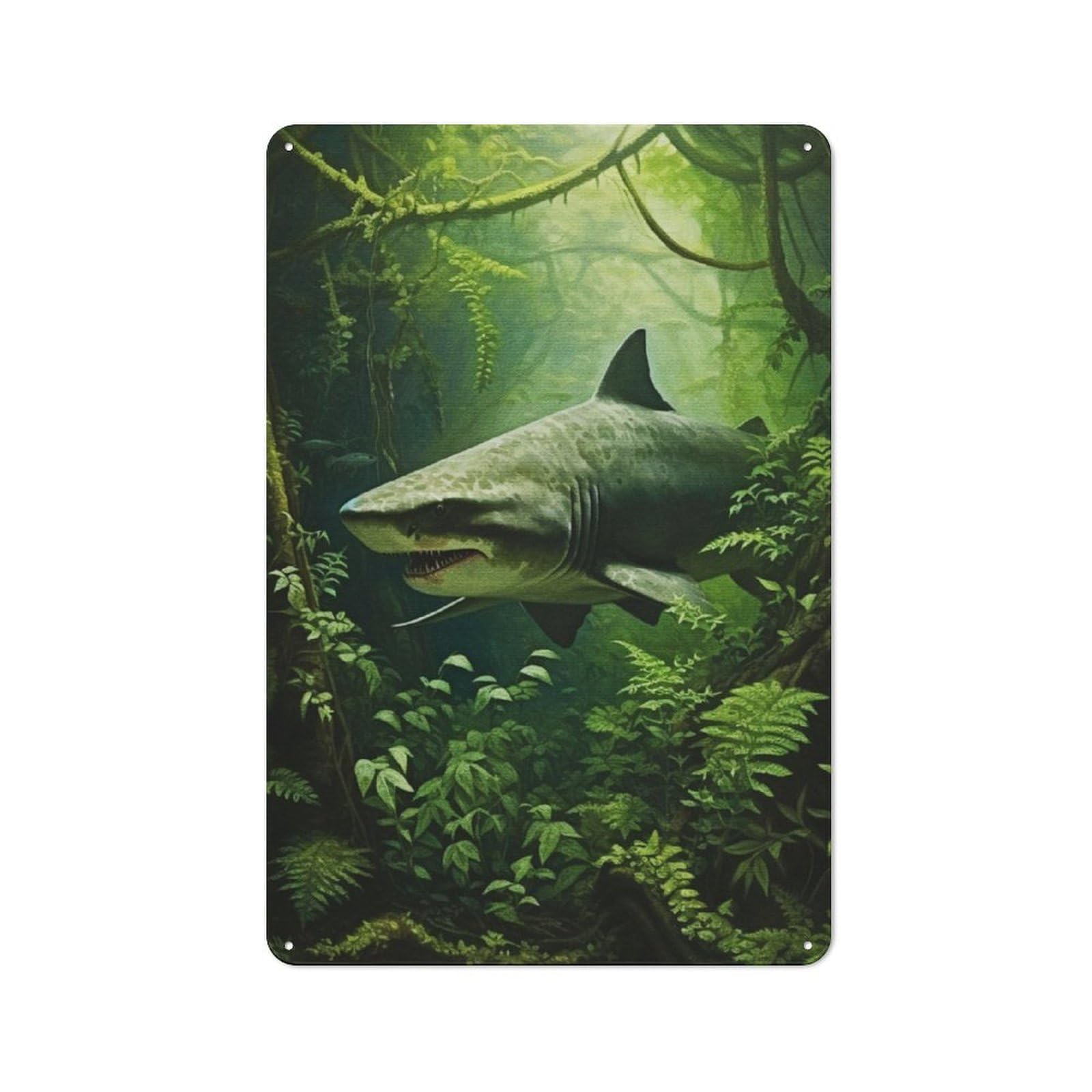 Junmoney Shark Hunter In Jungle Loft Style Metal Wall Sign 30X20cm Featuring Studio Wall Art For Loft, Studio, Office Or Creative Room