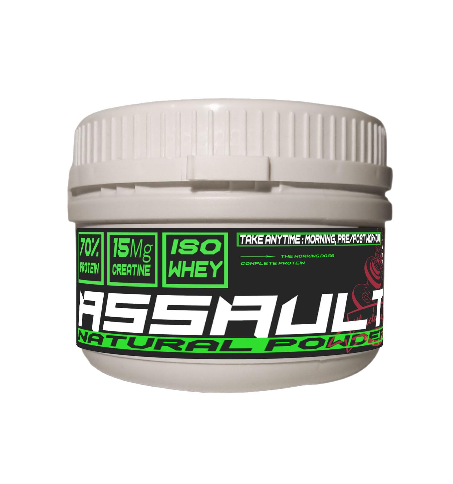 Assault Natural Powder 125 Suplemento muscular para perros con proteínas del suero W.P.C. 80%, aminoácidos, creatina 15.000 mg, B.C.A.A., para crecimiento y definición muscular