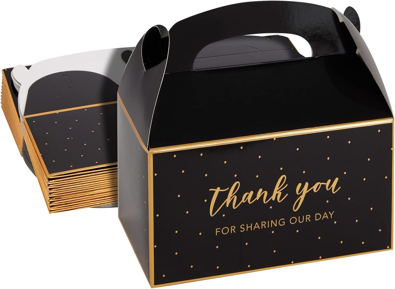 Sparkle and Bash Black & Gold Birthday Cake Gable Boxes - 24-Pack, 6.3 x 3.5 x 3.5 in - Sturdy Gold-Accented Thank You Treat Boxes - Wedding Guest Gift Boxes
