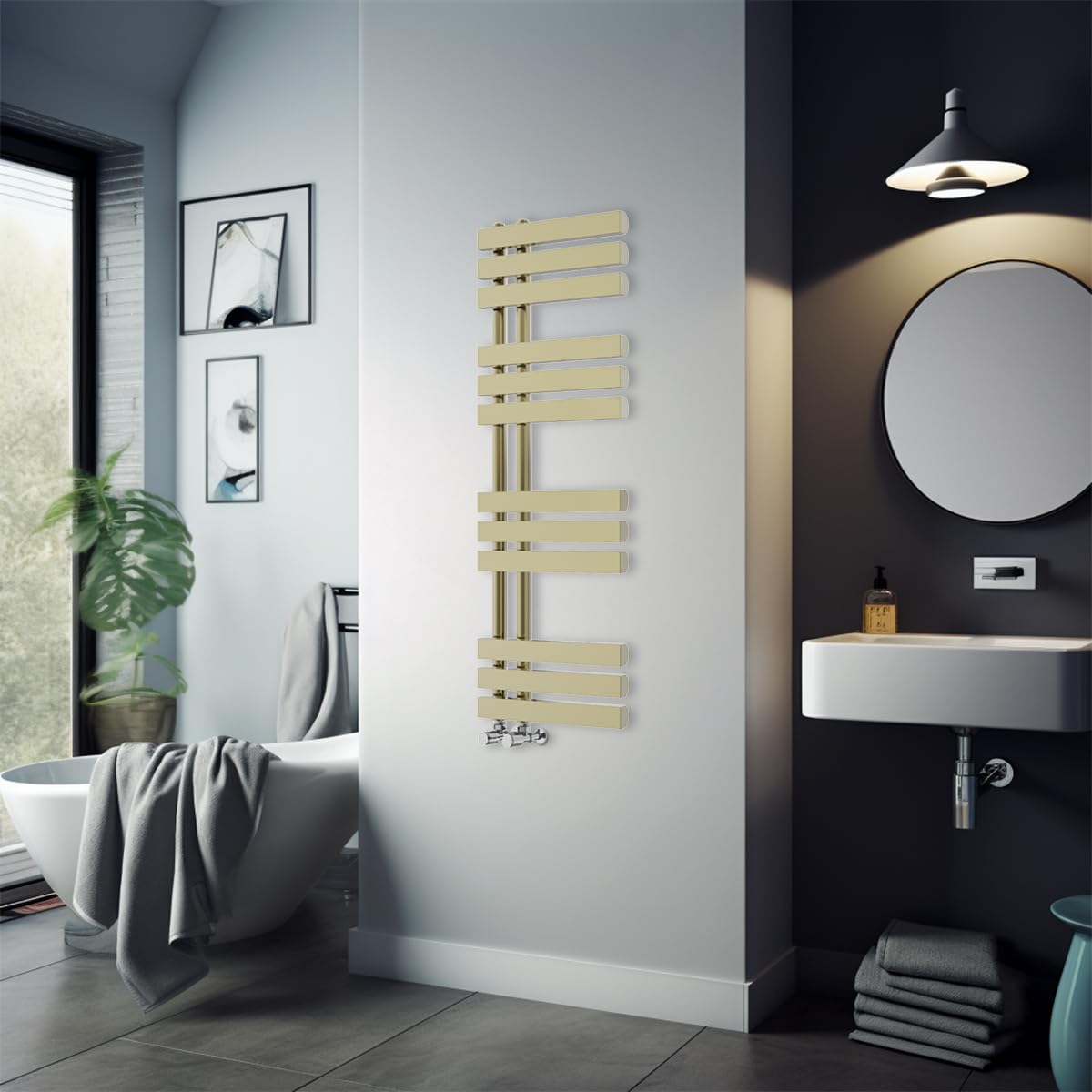Warmehaus 1200 x 450mm Brushed Brass Flat Designer Heated Towel Rail Radiator - Best for any Bathroom & Kitchen - D Shape Bars