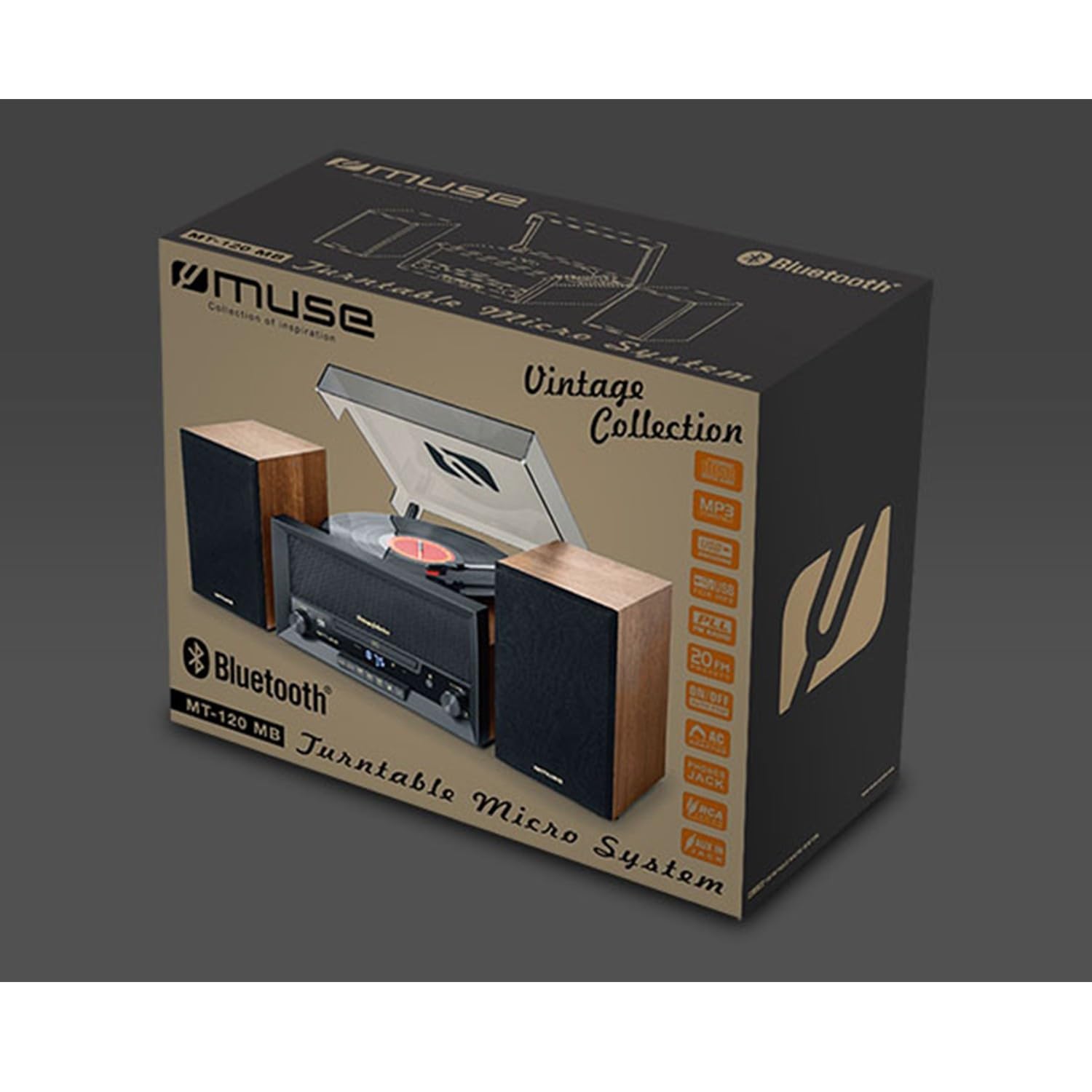 BMI Platine Vinyle Muse MT-120 MB avec système CD, Bluetooth, USB, stéréo 3 Vitesses 33/45/78 Tours+clé USB 32Go