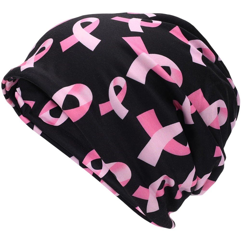 Sslvya Breast Cancer Awareness Beanie Cap Pink Ribbon Pattern Skull Cap for Breast Cancer Support Charity Event Daily