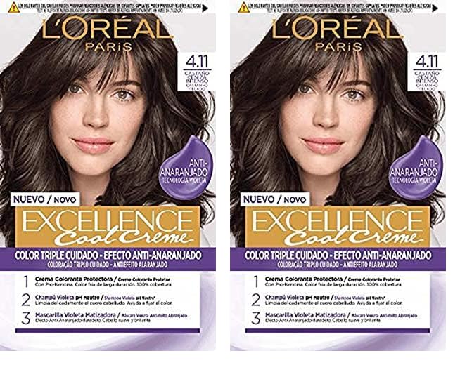 L'Oreal Paris Excellence Cool Creme Tinte Permanente, Tono 4.11 Castaño Ceniza Intenso, 260 g (Paquete de 2)