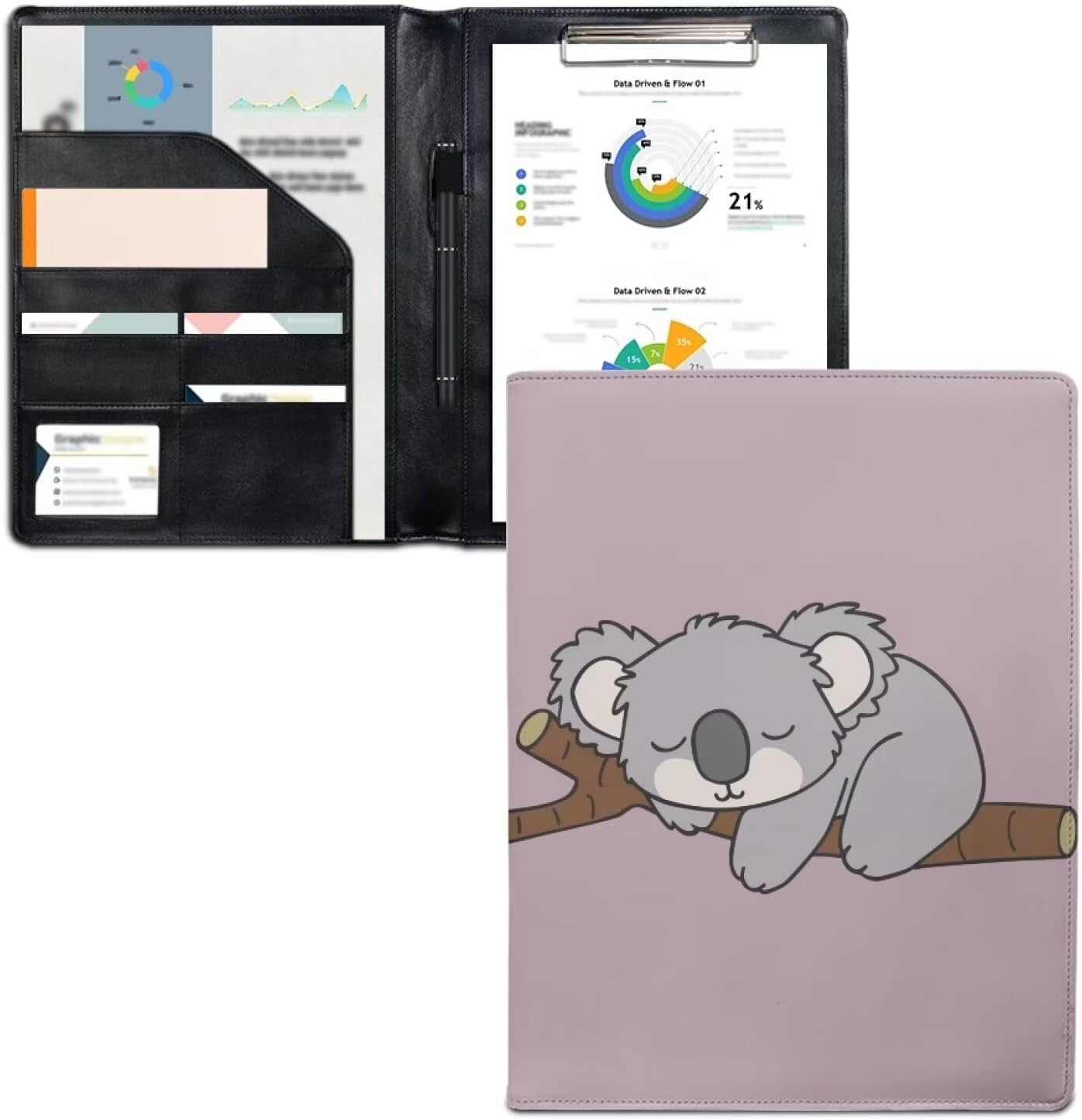 Koala Padfolio with Notepad Clipboard Folder Leather Portfolio A4 Writing Pad Holder for Legal Document Organizer for Women Resume Folio Binder
