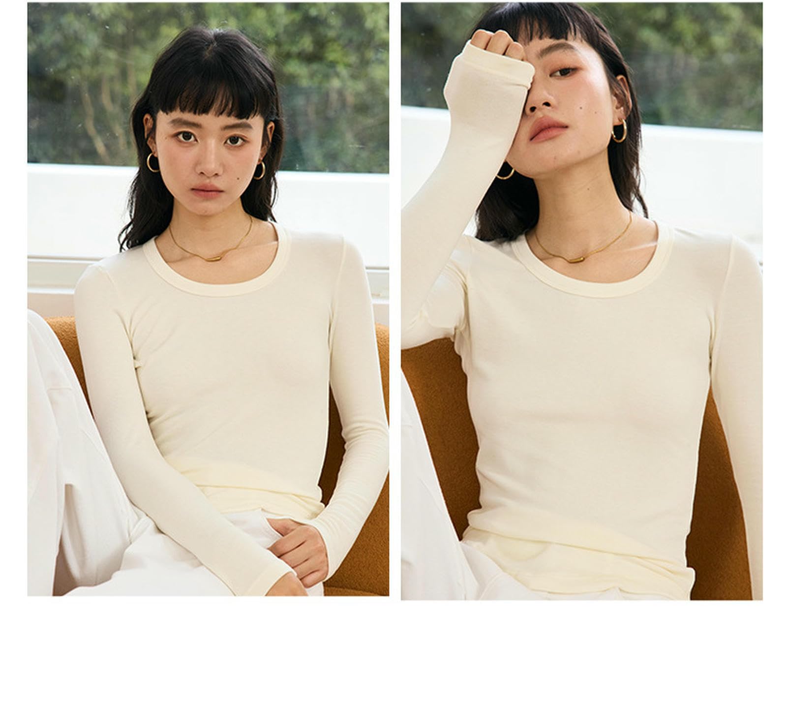 Maglia Termica Tops Autumn E Winter Silk Round Neck Color Solid Slim Fit per Le Donne-Bianco-l