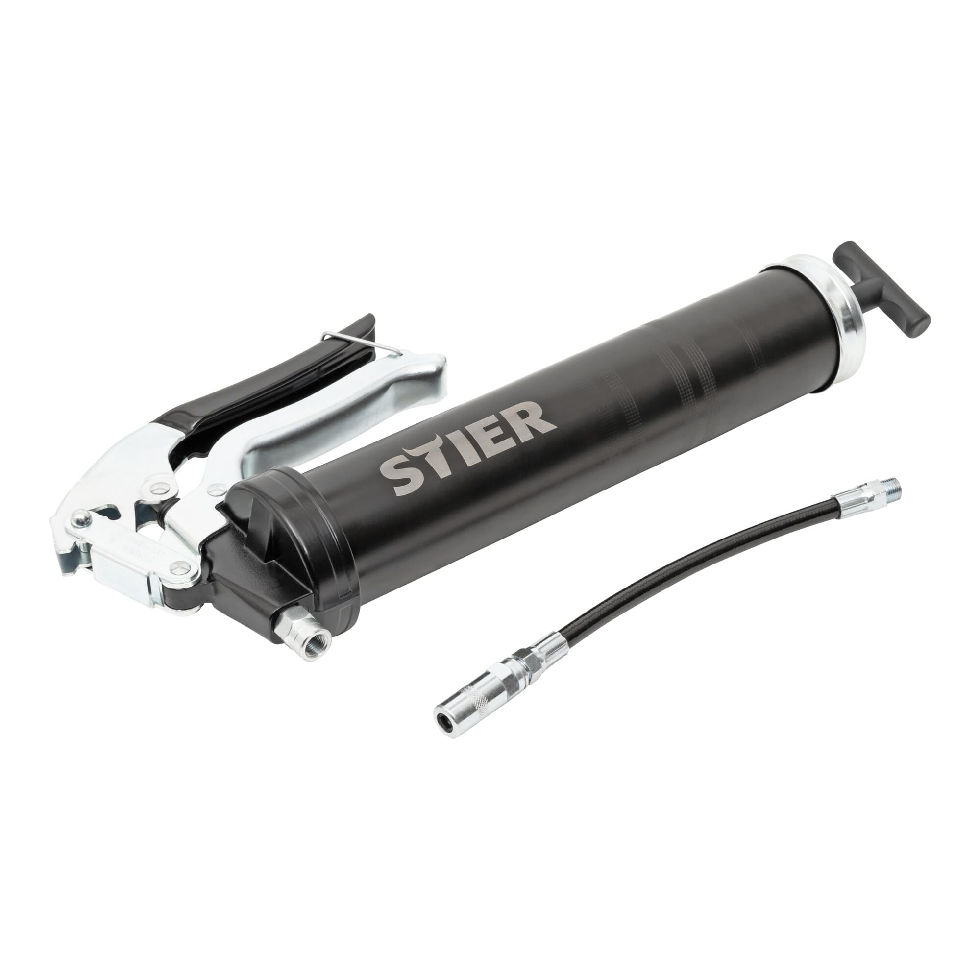 STIER Einhand-Fettpresse mit Nylonschlauch, Arbeitsdruck 410 bar, Kompatibel mit allen gängingen Fettkartuschen, ergonomischer Anti-Rutsch-Pistolengriff, Schmierpresse